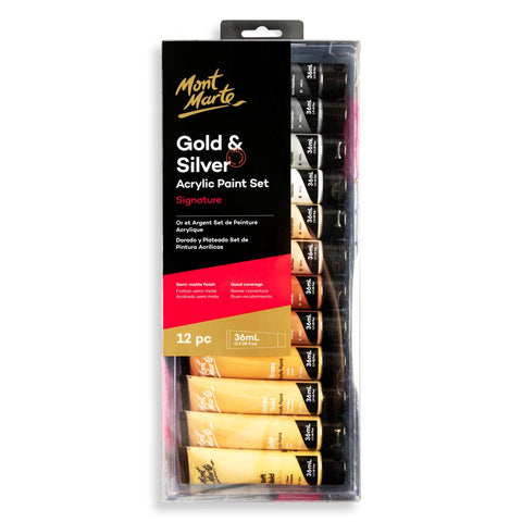 Mont Marte Gold and Silver Acrylic Paint Set 12 x 36ml – Elegant Metallic Colors, High-Quality Pigment, Versatile Application – Acrylic Paint Set | Great for Highlights & Accents