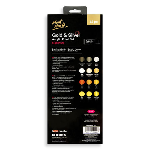 Mont Marte Gold and Silver Acrylic Paint Set 12 x 36ml – Elegant Metallic Colors, High-Quality Pigment, Versatile Application – Acrylic Paint Set | Great for Highlights & Accents