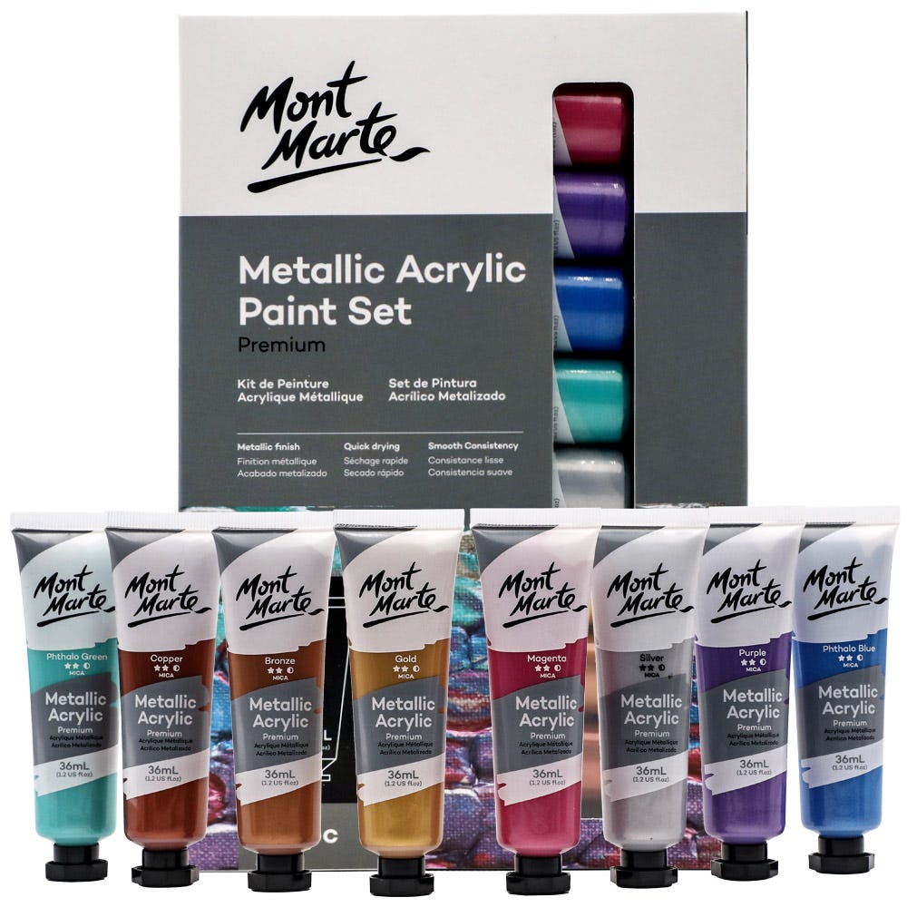 Mont Marte Metallic Acrylic Paint 8Pcs X 36ML – Shimmering Finish, High Pigmentation, Versatile Use – Acrylic Paint Set | Ideal for Creative Projects