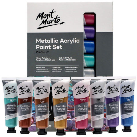 Mont Marte Metallic Acrylic Paint 8Pcs X 36ML – Shimmering Finish, High Pigmentation, Versatile Use – Acrylic Paint Set | Ideal for Creative Projects