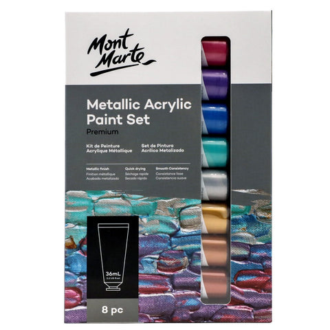 Mont Marte Metallic Acrylic Paint 8Pcs X 36ML – Shimmering Finish, High Pigmentation, Versatile Use – Acrylic Paint Set | Ideal for Creative Projects