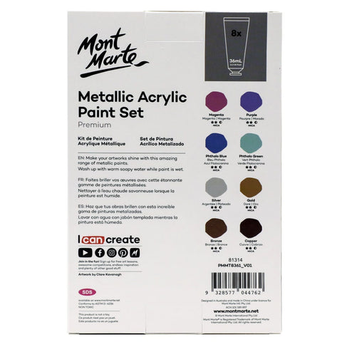 Mont Marte Metallic Acrylic Paint 8Pcs X 36ML – Shimmering Finish, High Pigmentation, Versatile Use – Acrylic Paint Set | Ideal for Creative Projects