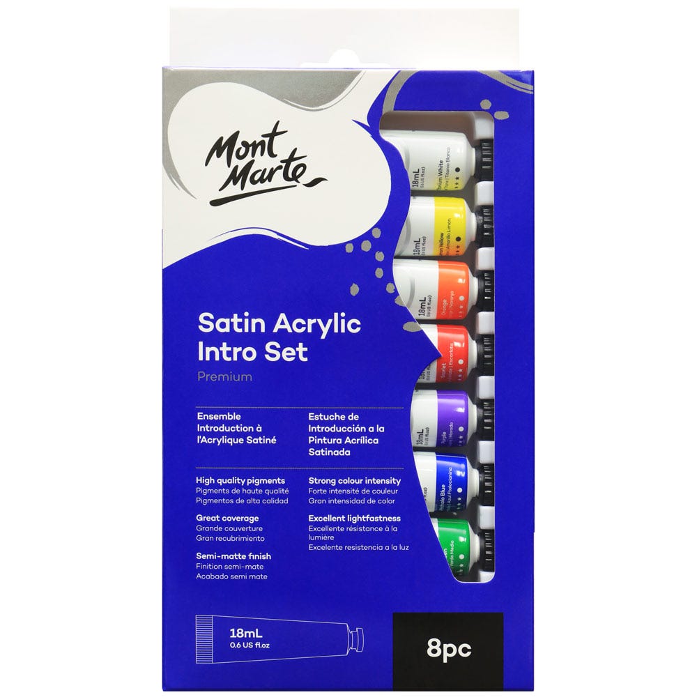 Mont Marte Satin Acrylic Intro Set 8pcs 18ml – Soft Finish, Easy to Use, Wide Color Range – Acrylic Paint Set | Perfect for Beginners