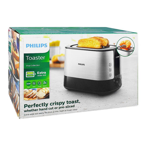 Philips Viva Collection Toaster HD2637/91, 950W, Extra Wide Slots for Thick and Thin Slices, 7 Browning Settings, Built-In Bun Rack, Black