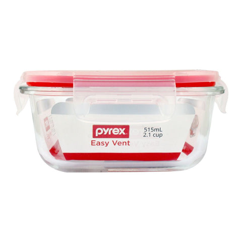 Pyrex Easy Vent Square Glass Food Storage with Lid 515ml – Ventilated Lid, Durable Glass, Microwave Safe – Food Storage Container | Perfect for Small Meals