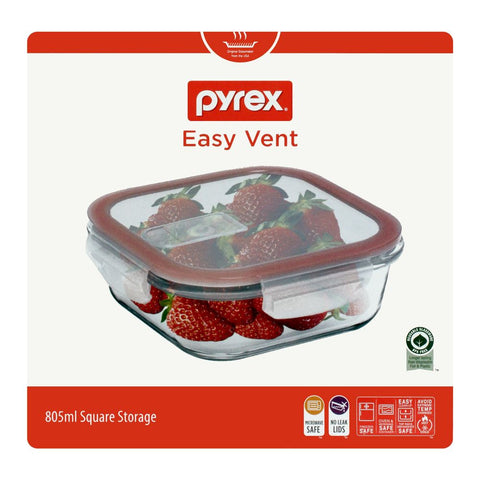 Pyrex Easy Vent Square Glass Food Storage with Lid 515ml – Ventilated Lid, Durable Glass, Microwave Safe – Food Storage Container | Perfect for Small Meals