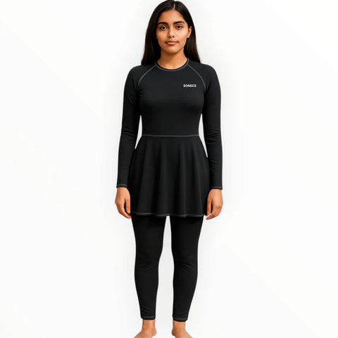 Sonecs Frill 1PC Swim Suit Modest Full Coverage All Black