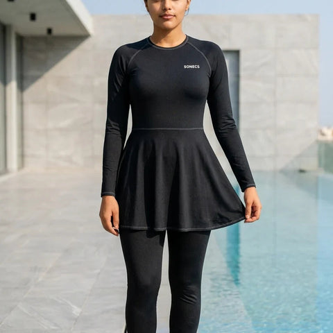 Sonecs Frill 1PC Swim Suit Modest Full Coverage All Black
