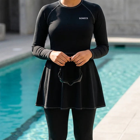 Sonecs Frill 1PC Swim Suit Modest Full Coverage All Black