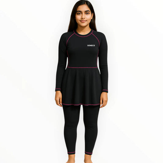 Sonecs Frill 1PC Swim Suit Modest Full Coverage Black Pink