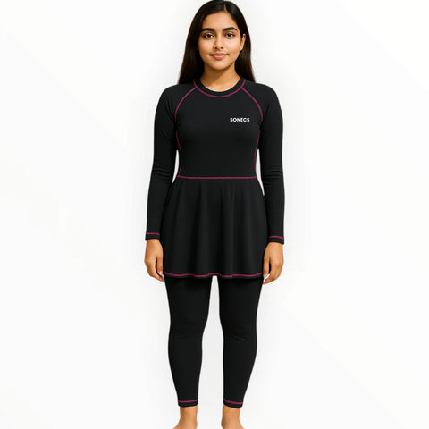 Sonecs Frill 1PC Swim Suit Modest Full Coverage Black Pink
