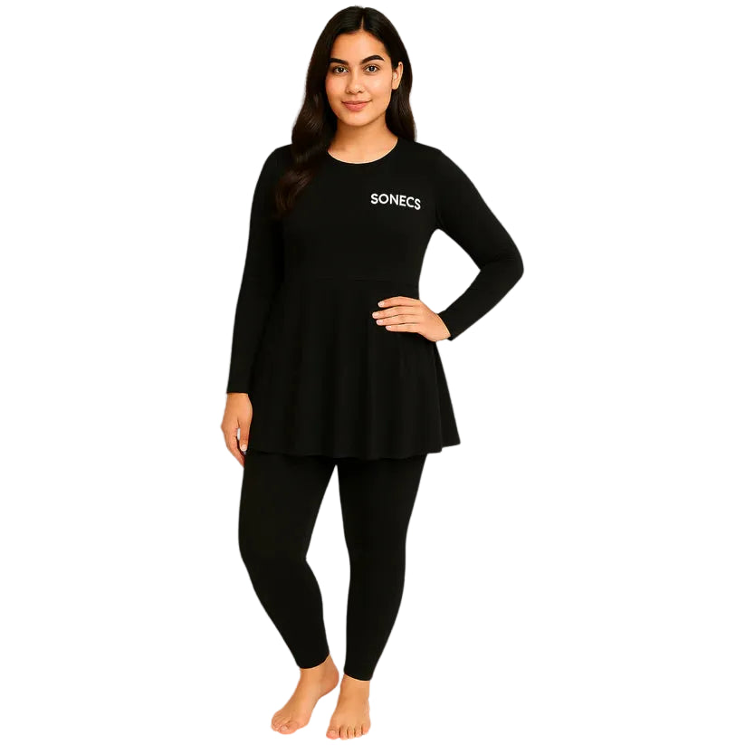 Sonecs Women Frill 2PC Swim Suit Black Full Coverage Fit