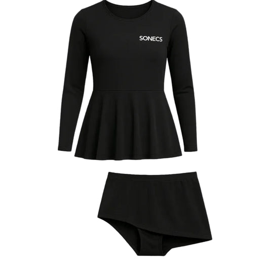 Sonecs Women Frill 2PC Swim Suit Black Full Coverage Fit