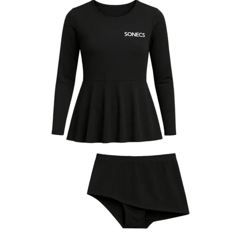 Sonecs Women Frill 2PC Swim Suit Black Full Coverage Fit