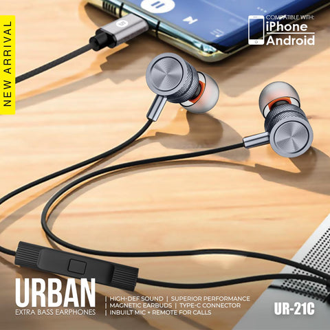 Space Urban Extra Bass Earphones UR-21C – Bass Enhancement, Type-C Connectivity, Comfortable Design – Audio | Great for Music Enthusiasts | UR-21C