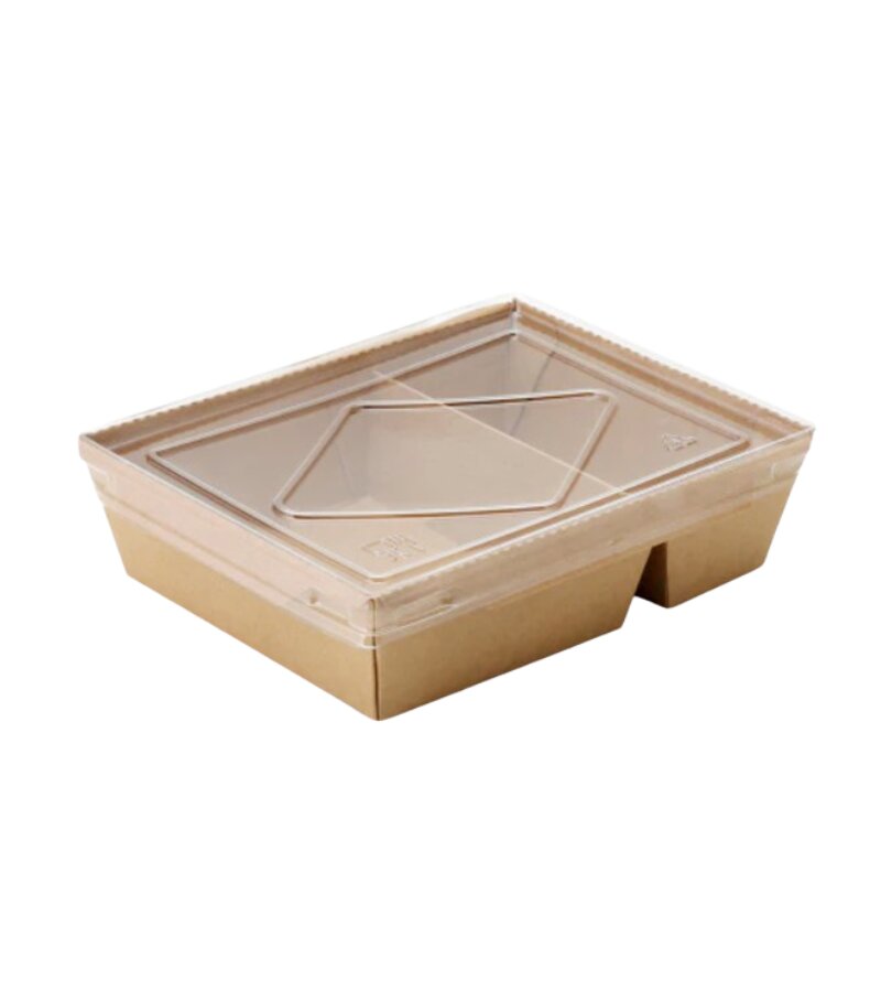 Two Portion Kraft Tray with Transparent Lid (DS-1600) – Versatile, Eco-Friendly Food Packaging for Takeout