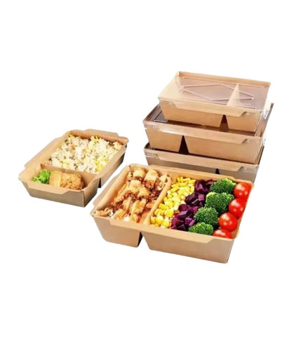 Two Portion Kraft Tray with Transparent Lid (DS-1600) – Versatile, Eco-Friendly Food Packaging for Takeout