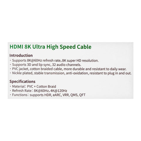 UGreen HDMI 8K Ultra High Speed Cable | Model: 80405 – 5m, Braided Design, 48Gbps Bandwidth, HDR, eARC Support – Ideal for High-Definition Video and Audio Transmission