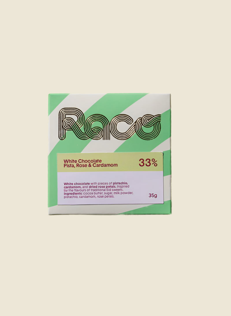 Raco Pistachio Rose & Cardamom 33% White Small Bar – Aromatic Spices, Nutty Pistachio, Smooth White Chocolate – Exotic & Delicate | Gourmet Indulgence