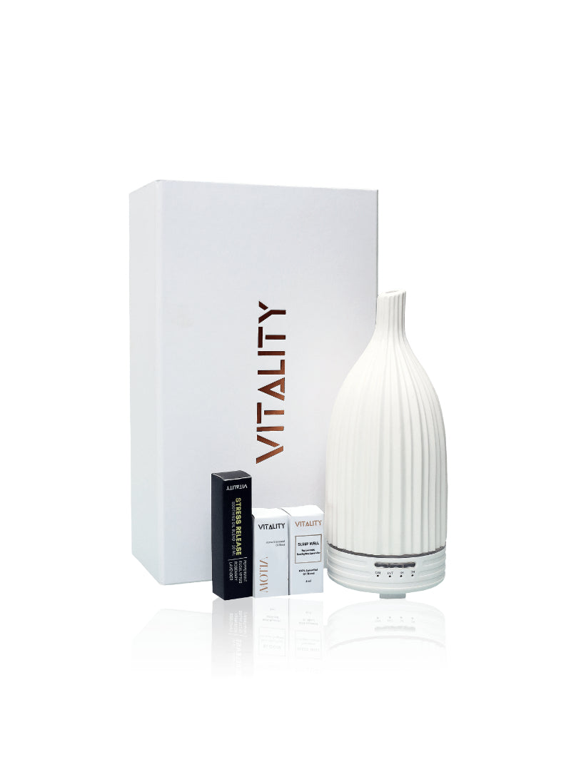 Vitality Aroma Ceramic Gift Set – Striped White – Elegant, Scented, Decorative – Home Decor | Perfect Gift