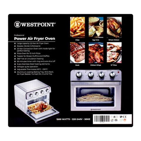 West Point WF-5258 – 1500W Professional 22L Power Air Fryer Oven with Convection, Rotisserie, Kebab Grill, and Pizza Oven Functions – Multifunctional Kitchen Appliance for Versatile Cooking – Air Fryer Oven