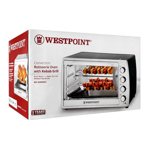 Westpoint Deluxe Convection Rotisserie Oven with Kabab Grill WF-6300RKC, 2200W – Multifunction Oven for Grilling, Roasting, Toasting, and Baking, Includes Rotisserie and Kebab/BBQ Functions – 220V ~ 240V