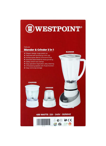 Westpoint Blender and Grinder 3-in-1 WF-303 – 450 Watts, Powerful Motor, Versatile Performance – Kitchen Must-Have | Blending and Grinding