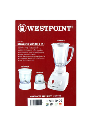 Westpoint Blender and Grinder 3-in-1 WF-307 – 450 Watts, Multi-Purpose, Compact Build – Ideal for Daily Use | Reliable Kitchen Tool