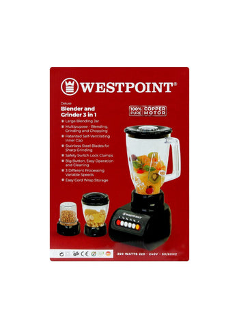 Westpoint Blender and Grinder 3-in-1 WF-9491 – 350 Watts, Multi-Functional, Durable Blades – Kitchen Essential | Smoothies, Spices, and More