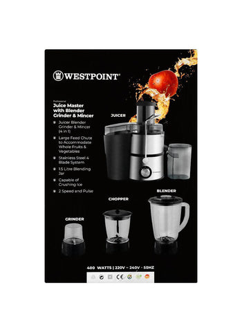 Westpoint Juice Master with Blender Grinder & Mincer WF-1844 – 400 Watts | Multi-Functional Kitchen Appliance