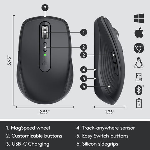 Logitech MX ANYWHERE 3S – Compact Wireless Performance Mouse, Black, 4000 DPI Sensor, Rechargeable Battery, Ergonomic Design – Ideal for Professionals